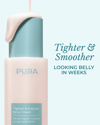 PURA belly cream bottle with text on a light blue background